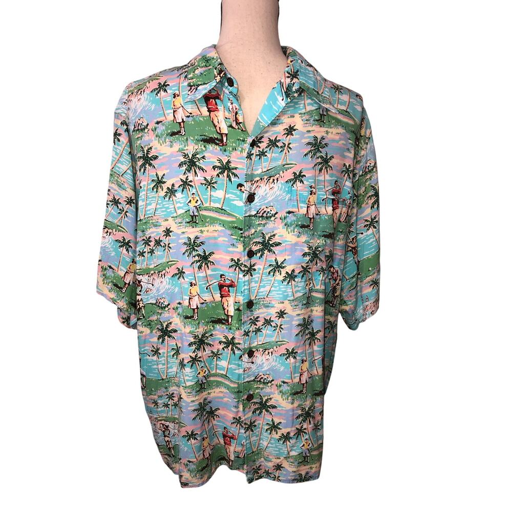 Vintage Reyn Spooner Art of Eddy Y Hawaiian Shirt L Golf Print Spun Rayon Hawaii